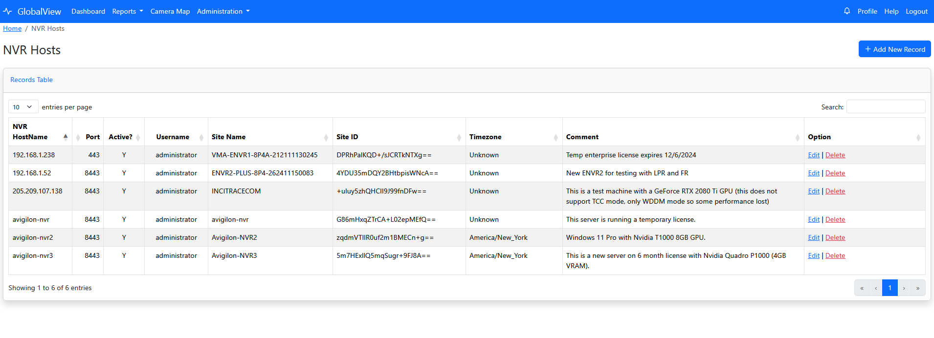 Manage NVRs page